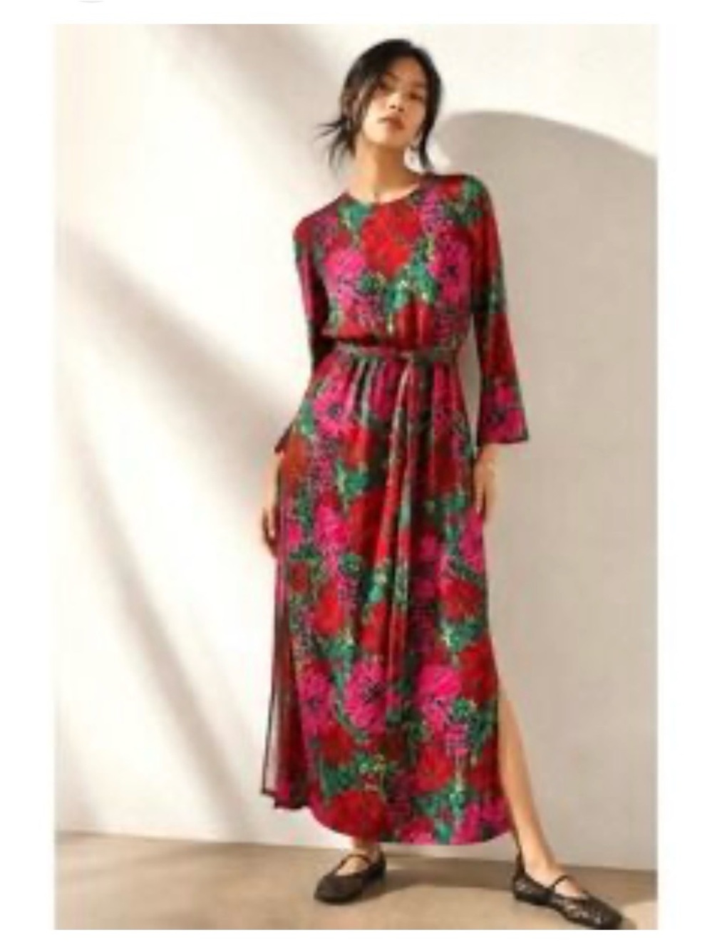 Vineyard Vines Silk Red and Pink Floral Long-Sleeve Maxi Dress